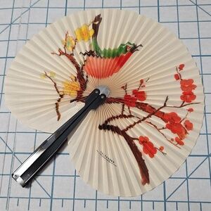 Chinese Paper Folding Hand Fan W/Metal Handle, Vintage Mid-Century, 34